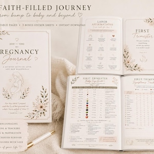 May include: A pregnancy journal with a cream cover featuring floral illustrations and the text My Pregnancy Journal. Two open journals display pages titled Labor Affirmations, First Trimester, and First Trimester Symptoms Tracker.