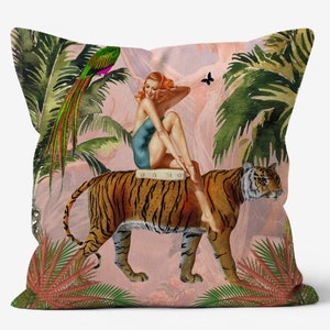Jungle pillow, tiger trend, vintage pillow, maximalist home decor, animal print pillows, cheetah decor, victorian pillow, retro cushions