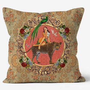 Leopard pillow, tiger trend, vintage pillow, maximalist home decor, animal print pillows, cheetah decor, victorian pillow, retro cushions,