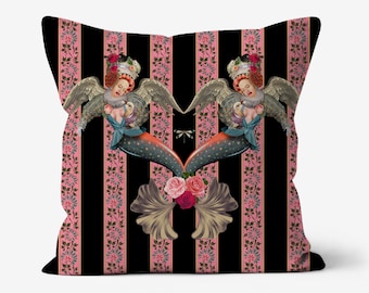 Quirky throw pillow, mermaid print pillows, pink throw pillow , victorian decor, maximalist decor, linen print pillow, black print cushion