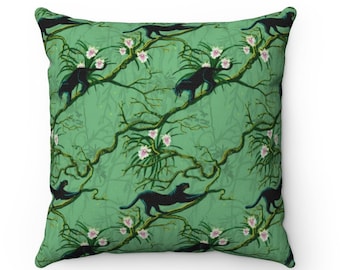 Jaguar pillow, animal print pillows, floral throw cushion, retro cushions, leopard pillow, cheetah decor, animal themed cushions, green