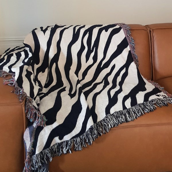 Zebra throw blanket, animal print throw, black and white, throw blanket , woven tapestry blanket, cotton bed throw, sofa throw,