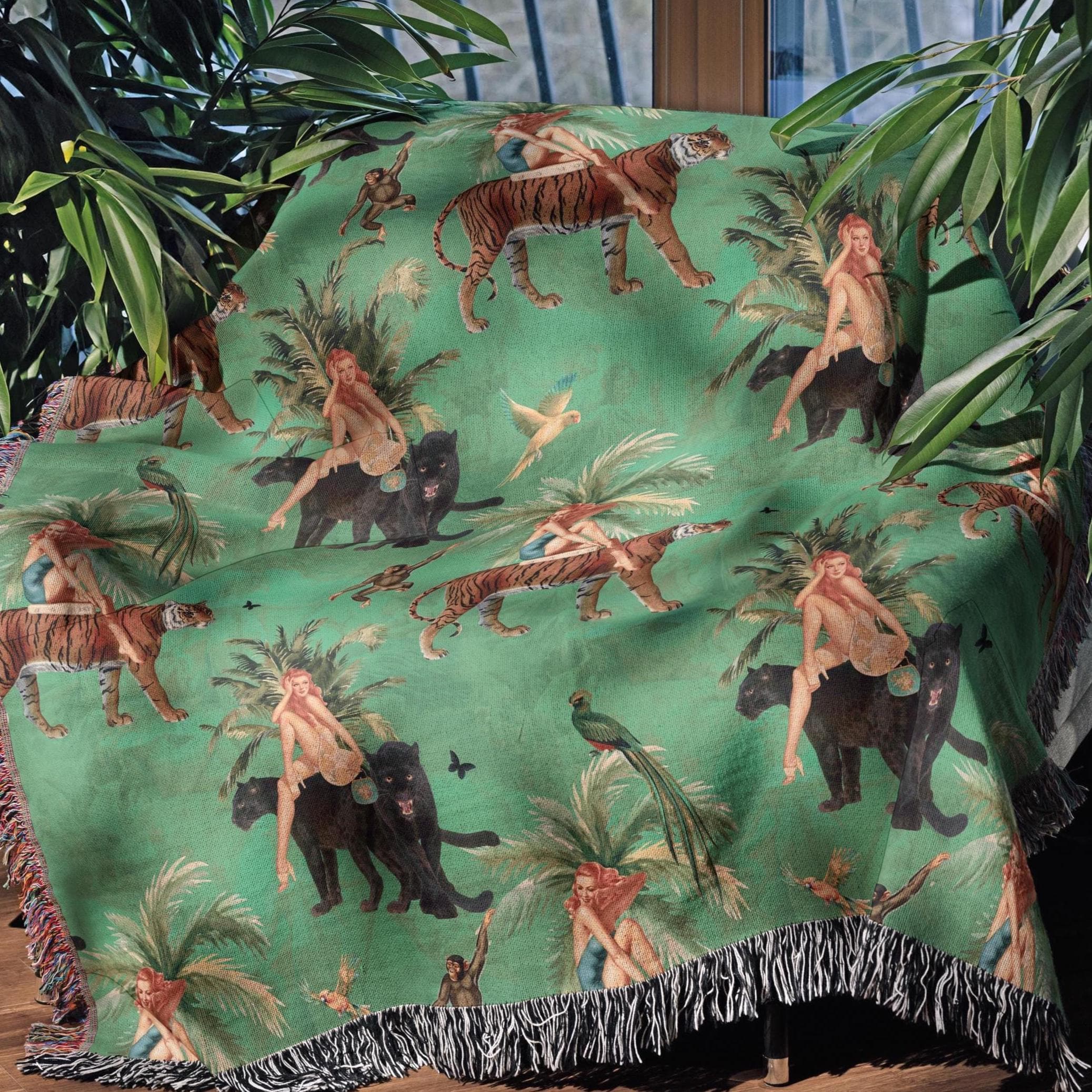 Jungle Green Throw Blanket, Tiger Fringe Blanket, Woven Throw