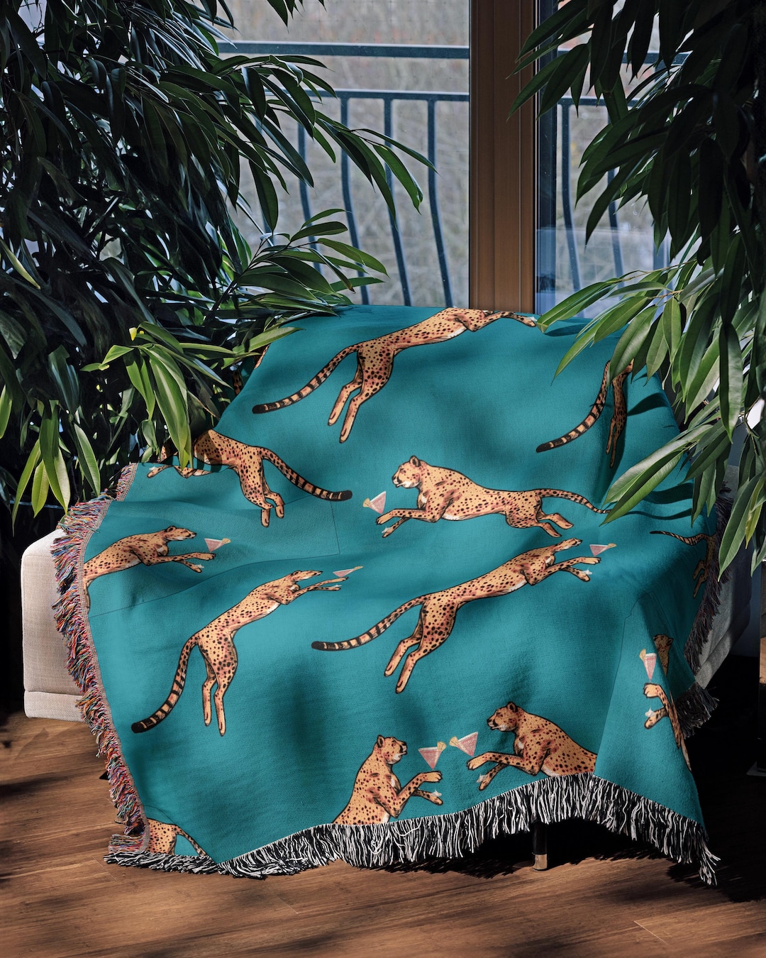 Blue Cheetah Throw Blanket, Maximalist Home Decor, Woven Throw