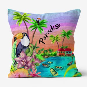 Tropical paradise cushion, island vibes cushion, tropical decor, 2025 decor, colourful pillows hawaiian bright throw pillows coastal