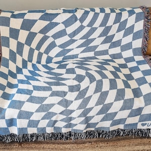 Blue checker blanket, checker throw blanket, woven throw blanket, cool tapestry, vintage woven throw blanket, retro sofa throw, checkerboard