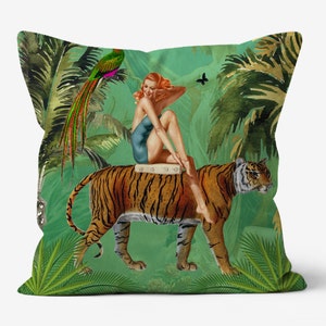 Tiger pillow, tiger trend, vintage pillow, maximalist home decor, animal print pillows, cheetah decor, victorian pillow, retro cushions,