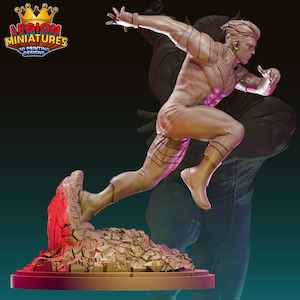 May include: A detailed 3D printed miniature of a superhero running, with a textured, gold-coloured suit. The figure is posed mid-stride, with one foot on a broken, rocky surface. The figure is set against a dark background.