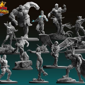 May include: A collection of 10 grey painted miniature figurines of various characters, including a Hulk, Wolverine, Iron Man, and a female character with wings. The figurines are posed in dynamic action poses and are set against a grey background.