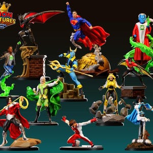 May include: A collection of 10 superhero figurines, including Superman, Green Lantern, and Robin. The figurines are painted in bright colours and are posed in dynamic action poses. The figurines are all standing on bases, and some of them have accessories, such as a trident and a sword. The figurines are all part of the Legion Miniatures 3D Printing Designs collection.