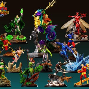 May include: A selection of vibrant 3D-printed superhero models, featuring characters like Wonder Woman and Aquaman. Each figure is finely detailed and posed on a themed base. The "Legion Miniatures" logo is visible at the top.