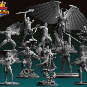 May include: A collection of ten grey painted miniature figurines of various characters. The figurines are posed in dynamic action poses and are set against a green background. The figurines are all approximately 7.5 cm tall.