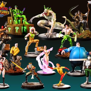 May include: A selection of detailed 3D-printed figurines of comic book characters. The figurines display a variety of characters in dynamic poses, with vibrant colours and intricate designs. The "Legion Miniatures" logo is visible.