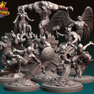 May include: A selection of grey 3D-printed superhero figurines, including Captain America, Thor, and Spider-Man. The figures are posed dynamically on circular bases, with a logo for "Legion Miniatures" visible in the top left corner.