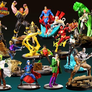 May include: A selection of vibrant superhero figurines, featuring characters like Superman and The Flash. Each figure is posed dynamically on a detailed base. The logo "LEGION MINIATURES 3D PRINTING DESIGNS" is visible in the upper left corner.