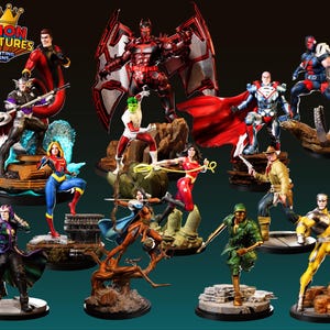 May include: A selection of superhero figurines, each with intricate detailing and dynamic poses. The figures feature a range of characters in colourful costumes, including a red and black winged figure, and a figure with a flowing red cape.