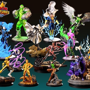 May include: A selection of superhero figurines in various poses, featuring characters in green, blue, gold, and red. The figurines are displayed with dynamic effects. The logo "Legion Miniatures 3D Printing Designs" is visible.