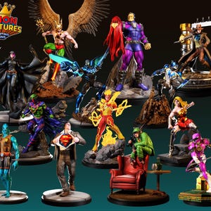 May include: A selection of vibrant superhero figurines, each displayed on separate bases. The figures feature diverse costumes and poses, with the "Legion Miniatures" logo visible in the top left corner.