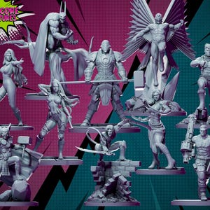 May include: A set of 10 grey painted miniature figures, including a superhero with wings, a figure with a hammer, and a figure with a gun. The figures are posed in dynamic action poses and are set against a pink and teal background. The text "HARDCORE MINIATURES" is visible in the top left corner of the image.