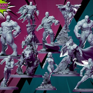 May include: A collection of grey painted miniature figurines of superheroes and villains. The figures are posed in dynamic action poses and are set against a backdrop of a comic book style background. The figures are all in various stages of completion, with some being fully painted and others still in their raw state.