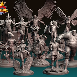 May include: A collection of 10 miniature figurines, each depicting a different character. The figurines are made of a grey material and are posed in various action poses. The figurines are arranged on a dark blue background.