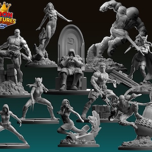 May include: A collection of 3D printed miniature figures, including a superhero in a cape, a woman with a sword, a man with a gun, and a woman with claws. The figures are all painted in a grey colour and are standing on various bases.