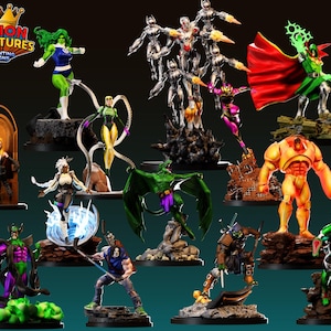 May include: A selection of brightly coloured 3D-printed superhero figurines. The figures depict diverse characters in action poses, with vivid costumes and detailed bases. The "Legion Miniatures" logo is visible in the upper left corner.