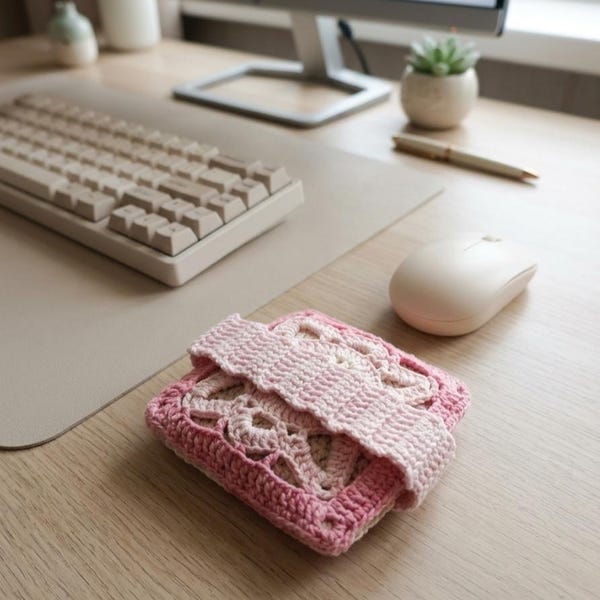 Pink Granny Square Mouse Wrist Rest, Crochet Desk Accessory