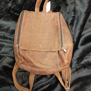 May include: A brown leather backpack with a textured finish. The bag features a top handle, two zipped compartments, and adjustable shoulder straps. The zips are black, and the hardware is silver.