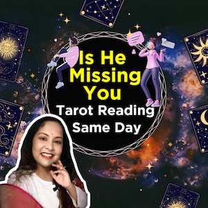 May include: A tarot card reading advertisement with the text "Is He Missing You? Tarot Reading Same Day" in a black circle against a galaxy background. The image features a woman with dark hair and a pink shirt, and a cartoon woman with a pink shirt and a thought bubble.