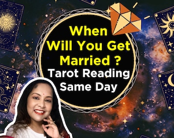 May include: A woman smiles at the camera in front of a colorful background with tarot cards and a diamond. The text reads "When Will You Get Married? Tarot Reading Same Day."