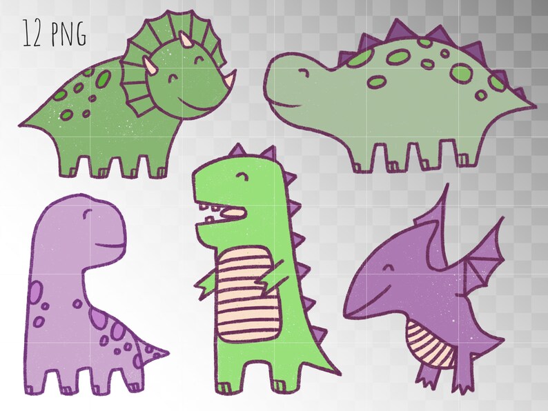 Digital Dino Clipart Dinosaurs Clipart Cute Green and Purple Etsy