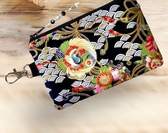 Beautiful Japanese Themed Fabric  Zipper Coin Change  Purse  Pouch  Bag ,Quilting Cotton, Beaded Zipper Pull, Swivel Clasp,Ships Free Canada