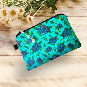 Pochette à fermeture éclair tortues de mer, coton matelassé, porte-cartes, jolie tirette de fermeture éclair en perles, languette ajoutée, cadeau pour amateur de tortues