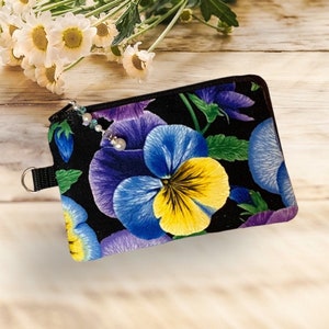 Jolie pensée florale, porte-monnaie en tissu, portefeuille, porte-cartes, pochette avec fermeture à glissière, porte-boutons d'oreille, tirette de perles, cadeau, languette ajoutée