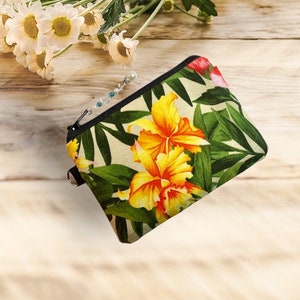 Pochette porte-monnaie fleurs tropicales, porte-monnaie, portefeuille, sac à fermeture éclair, porte-cartes écouteur, tirette en perles, languette de suspension, joli cadeau