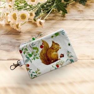 Porte-monnaie en tissu petit écureuil, porte-monnaie, pochette avec fermeture éclair, porte-bouton d'oreille pour carte, fermoir pivotant ajouté, cadeau pour elle, fille, amie