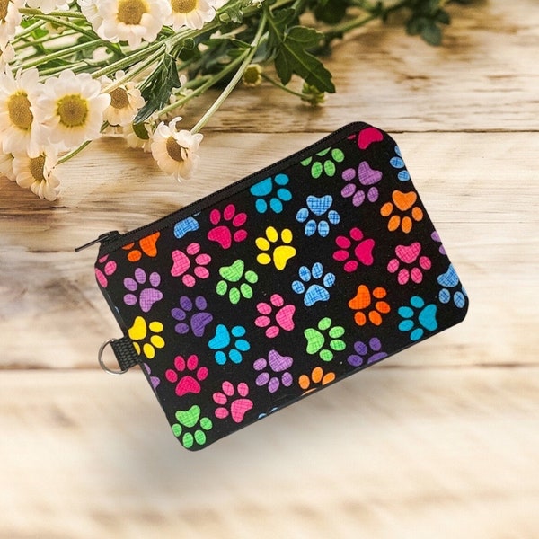 Pet Paw Prints for Dog or Cat Lovers Coin Purse Pouch, Change Purse,  Wallet, Zipper Bag ,Tab for  Hanging, Gift for Dog Lover Kids,Adults