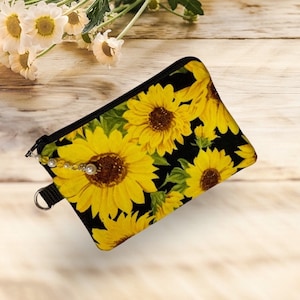 Porte-monnaie à fermeture éclair tournesol, porte-cartes, pochette d'argent, sac à fermeture éclair, coton matelassé, jolie tirette de perles, joli cadeau