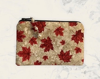 Canada Fabric Maple Leaf Coin Purse, Change Pouch,  Zipper Bag Quilting Cotton, Gift for her, Pretty Beaded Zipper Pull, Gift for Traveller