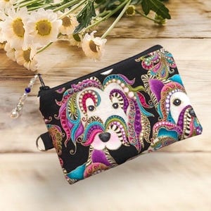 Porte-monnaie amusant pour chien, pochette à fermeture éclair, cadeau pour amoureux des chiens, accents métalliques, tirette de perles, sac pour chien, porte-cartes ou écouteurs
