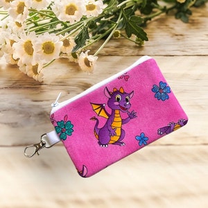 Porte-monnaie pour enfants, enfants, sac à fermeture éclair bébé dragon, pochette, anneau en D ou fermoir ajouté, peut contenir des jouets, clés, écouteurs, argent, carte-cadeau-cadeau mignon