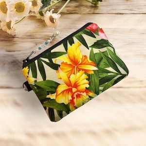 Porte-monnaie en tissu fleurs tropicales, pochette pour porte-monnaie, portefeuille, porte-bouton d'oreille pour carte, pochette, jolie tirette de perles, onglet, cadeau