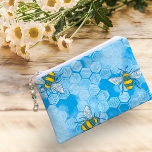 Porte-monnaie en tissu Grandes ou petites abeilles, Sac à fermeture éclair, Porte-cartes, Doublé, Livré avec une jolie tirette en perles, Beau cadeau pour elle
