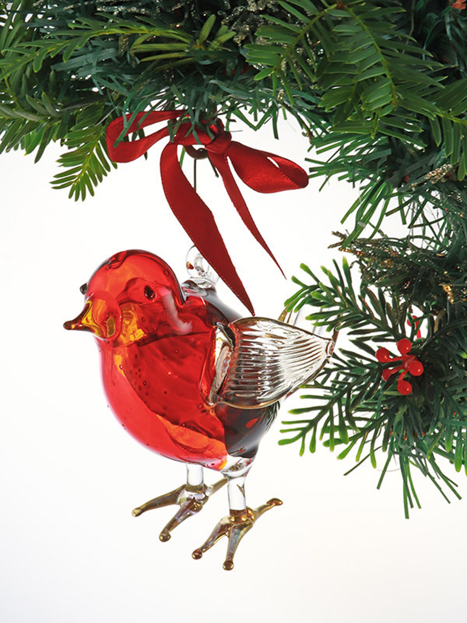 RED ROBIN BIRD Glass Hand Blown Bauble Christmas Ornament /  Etsy