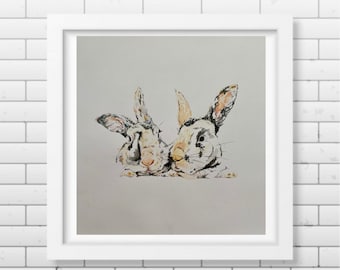 Bunny Love Artist Print - Wydruk z króliczkiem - Technika mieszana, akwarela i ołówek - Giclee - Kwadrat - Sztuka ścienna - Wydruk z królikiem