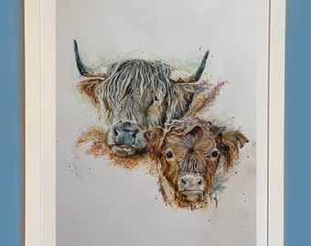 Cow and Babe Artist Print - Cow Print - Mixed Media, watercolour and pencil - Giclee - A2 and A3 - Wall Art