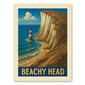 May include: A vintage travel poster featuring a red and white lighthouse on a rocky cliff overlooking a blue ocean with white waves. The text "Beachy Head" is printed in blue letters at the bottom of the poster.