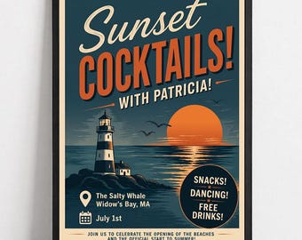 Widows Bay Sunset Cocktails Poster | Retro Coastal Bar Art (Unframed)