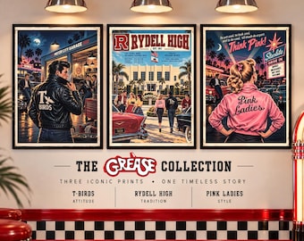 Grease Poster Set of 3, Pink Ladies, T-Birds & Rydell High Retro Wall Art (Unframed)